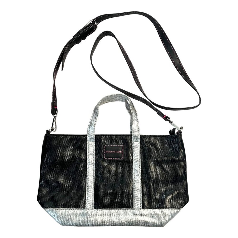 Victoria’s Secret Mini Tote Crossbody Bag Black Silver Trim Zip Top 7x11" 2010s